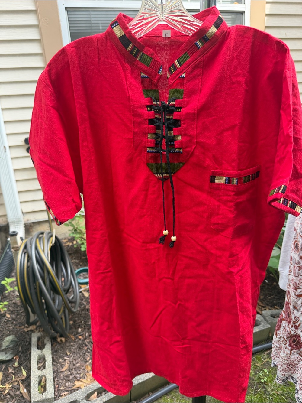 Men's Red Short-Sleeve Ethnic Tunic Shirt